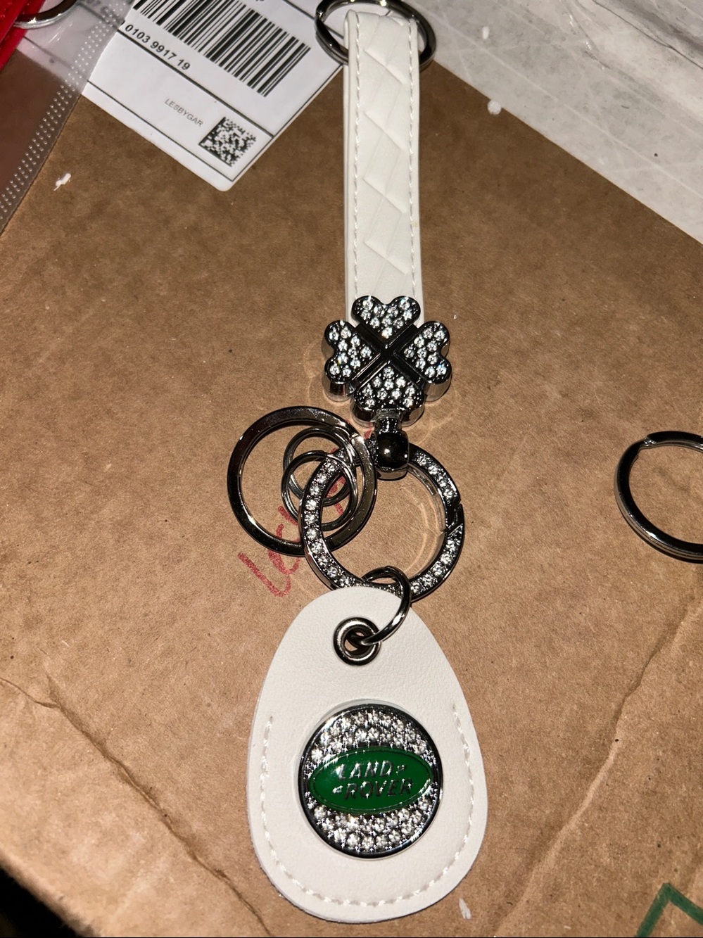 White Leather Keychain with Crystal Accent for Land Rover
